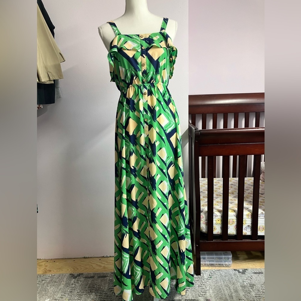 Women’s Summer Maxi Dress, Size S, Green/Blue/Cream, Lara Fashion